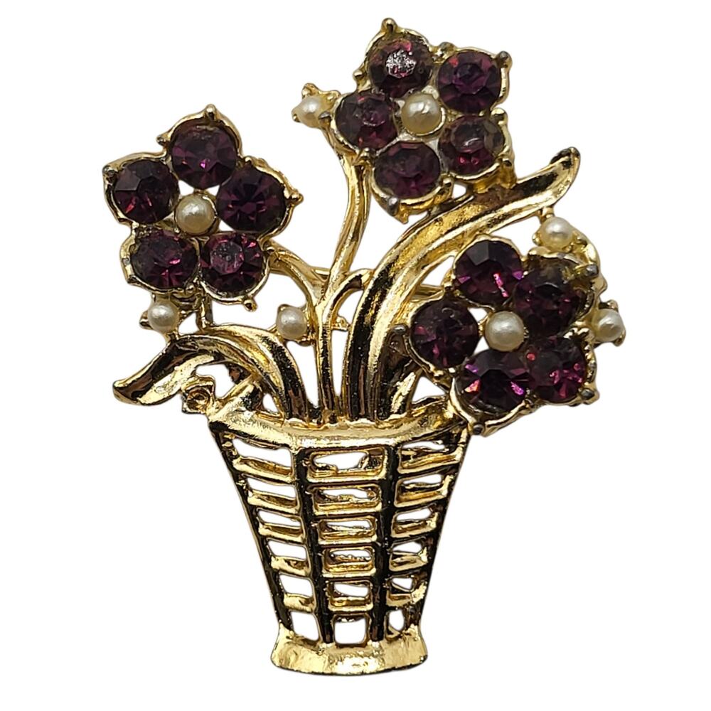 Vintage Floral Basket Brooch Red Glass Rhinestone Faux Pearl Pin